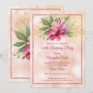 Invitation Hibiscus Rose Foncé marbre or Fête d'anniversaire