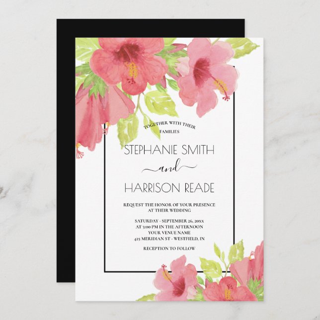 Invitation Hibiscus rose Mariage encadré (Devant / Derrière)