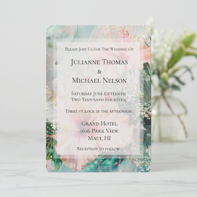 Invitation Hibiscus rose tropical Mariage floral (Debout devant)