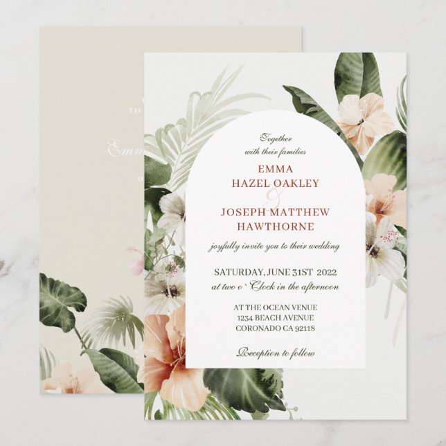 Invitation Hibiscus tropical boho pastel Mariage floral (Devant / Derrière)