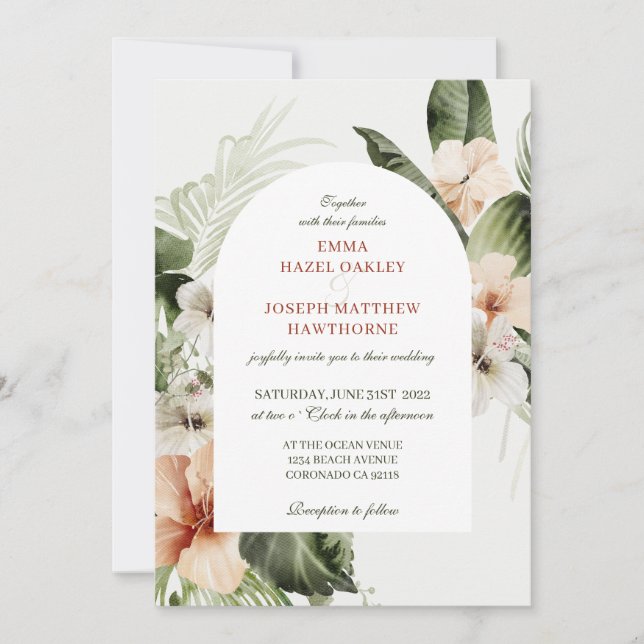 Invitation Hibiscus tropical boho pastel Mariage floral (Devant)