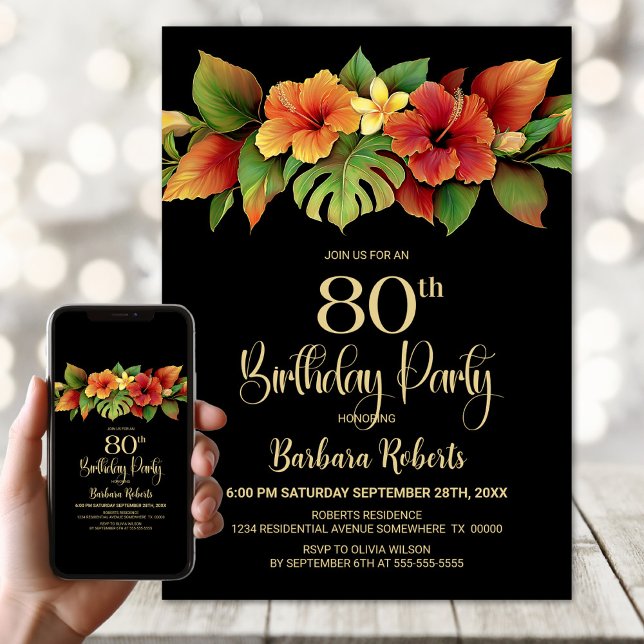 Invitation Hibiscus tropical Noir floral 80e anniversaire (Créateur téléchargé)