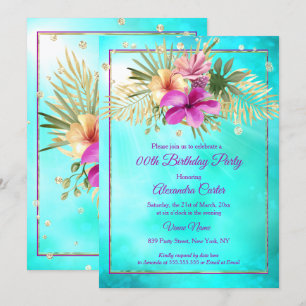Invitation Hibiscus Turquoise bleu violet rose fête d'anniver