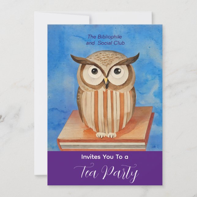 Invitation hibou avec livres -invitation à la fête du thé (Devant)