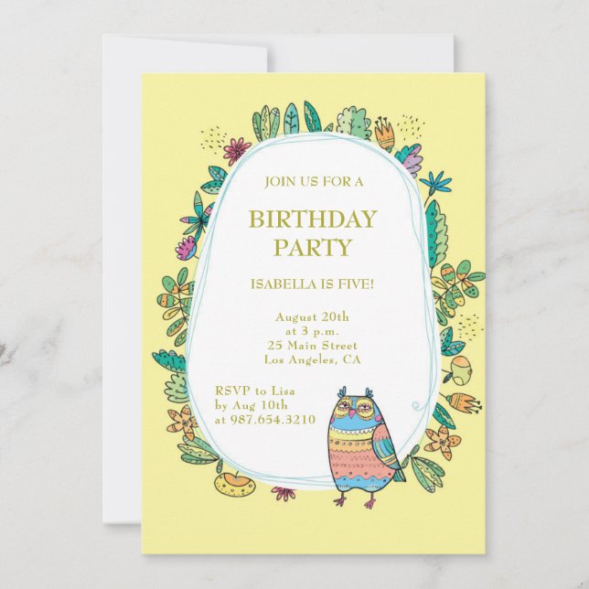 Invitation hibou jaune. Fête d'anniversaire de magie florale  (Devant)