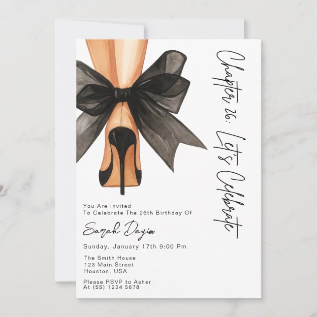 Invitation High Heels Black Bow 26th Birthday Party Photo (Devant)