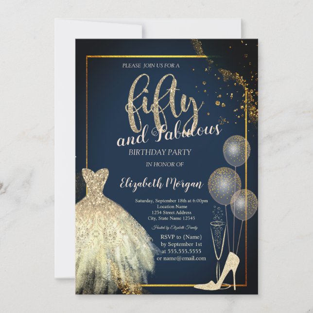 Invitation High Heels,Dress,Stars Navy Blue 50th Birthday  (Devant)