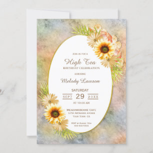 Invitation High Tea Anniversaire Peint Gold Floral Party