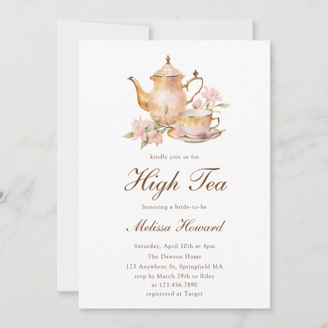 Invitation High Tea Pastel Gold Bridal Shower (Devant)