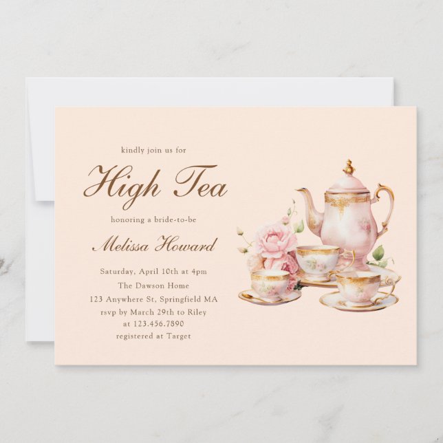 Invitation High Tea Pastel Orange Gold Bridal Shower (Devant)