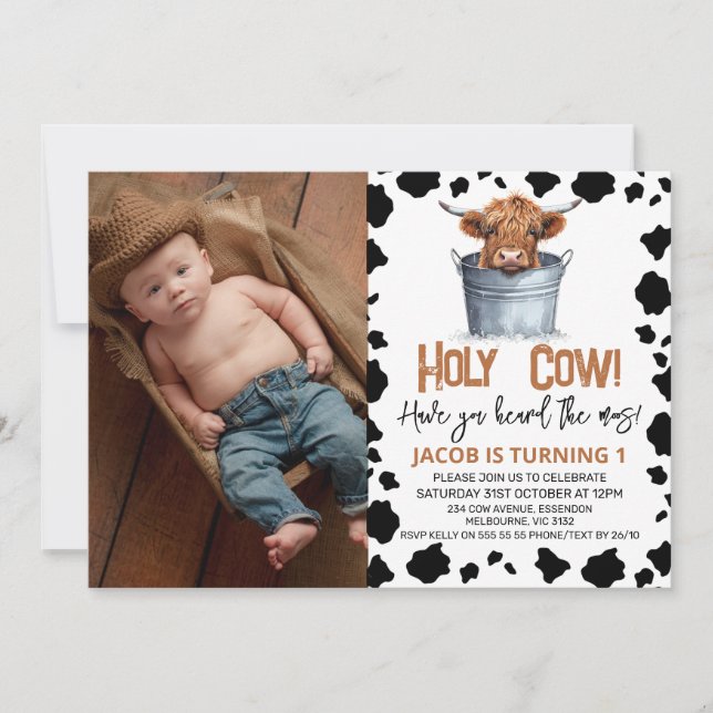 Invitation Highland Cow Bucket Cow Imprimer Photo 1er anniver (Devant)
