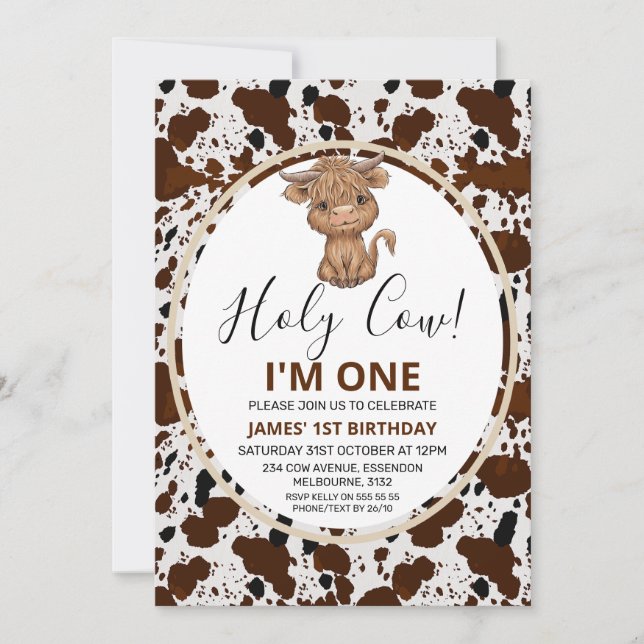 Invitation Highland Cow Cow Imprimer 1er anniversaire (Devant)