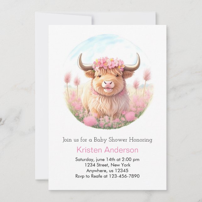 Invitation Highland Cow Girl Baby shower (Devant)
