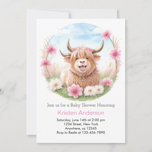 Invitation Highland Cow Meadow Whimsy Pink Girl Baby shower (Devant)