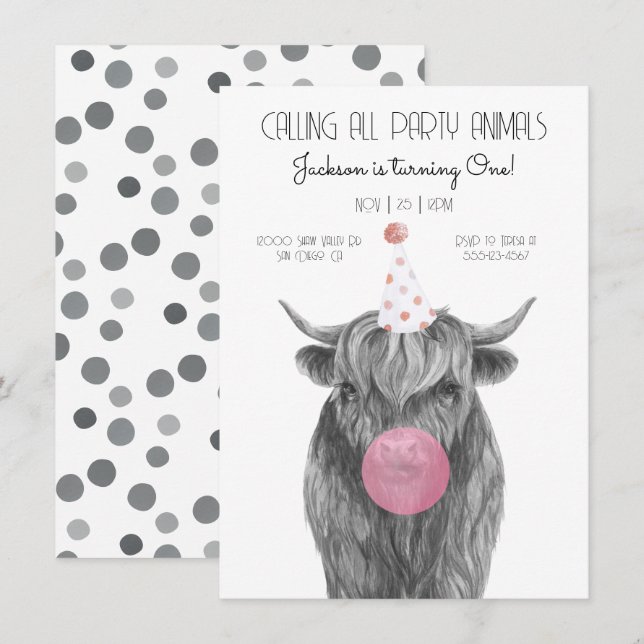 Invitation Highland Cow noir et blanc fête d'anniversaire (Devant / Derrière)