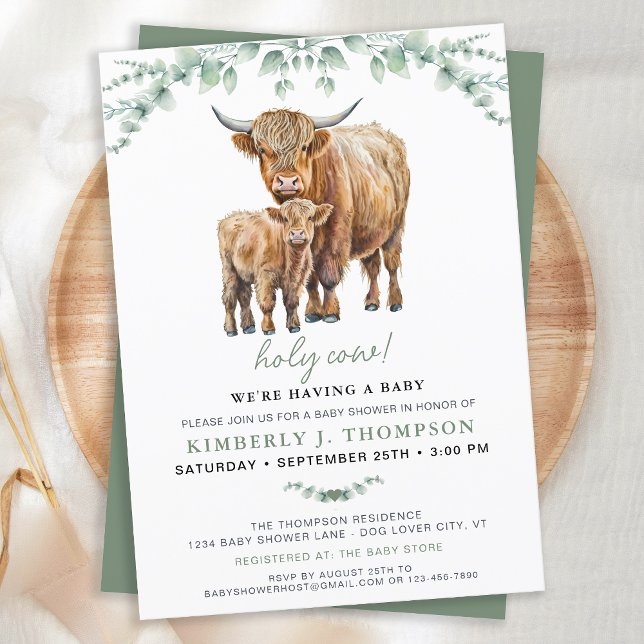 Invitation Highland Cow Sage Boho Baby shower verdoyant (Créateur téléchargé)