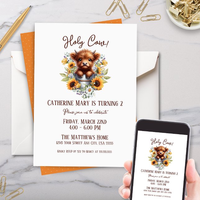 Invitation Highland Cow Sunflowers Anniversaire de enfant Par (cute highland cow theme kids birthday party invitations with sunflowers floral and little coo pail)