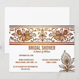 Invitation Hindi mariée indienne or paon plumes henné chic