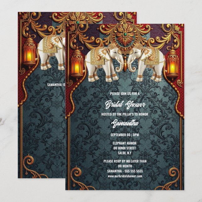 Invitation Hindou Hindi traditionnel éléphants indiens floral (Devant / Derrière)