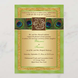Invitation Hindu Ganesh Green, Gold Peacock Wedding Invitatio