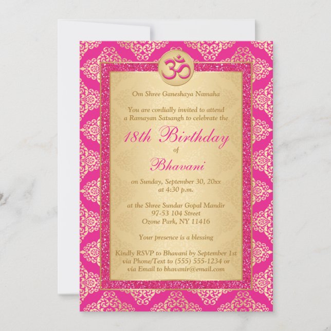 Invitation Hindu Magenta Rose, Gold Damask 18e anniversaire (Devant)