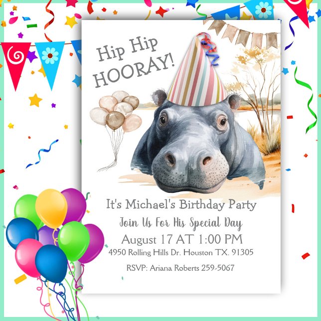 Invitation Hip Hip Hooray Hippo Birthday (Créateur téléchargé)