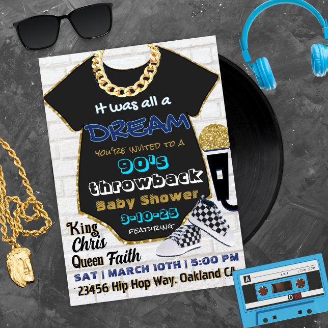 Invitation hip hop des années 90 Blue et Gold Old School Baby (Créateur téléchargé)