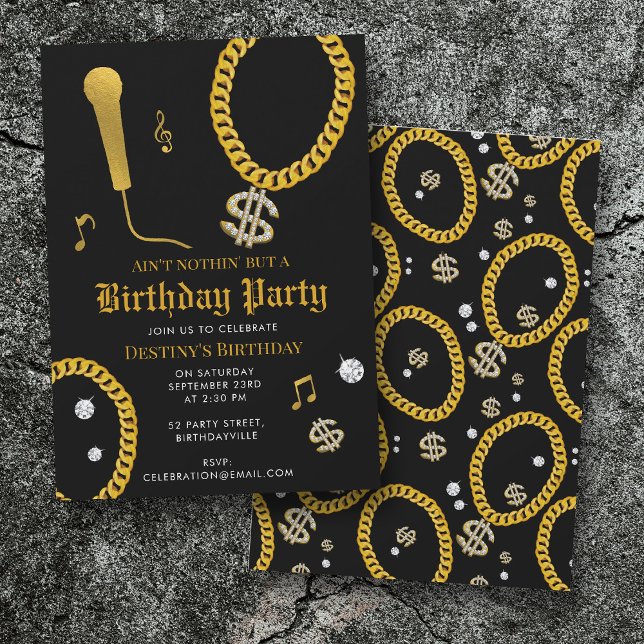 Invitation Hip Hop Gold Chain Microphone 80's 90's Birthday (Hip Hop Gold Chain Microphone 80's 90's Birthday Invitation)
