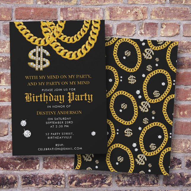 Invitation Hip Hop Gold Cuban Link Chain 90's Birthday Party (Hip Hop Gold Cuban Link Chain 90's Birthday Party Invitation)