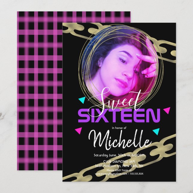 Invitation Hip hop Sweet sixteen Gold Ring Confetti Photo (Devant / Derrière)