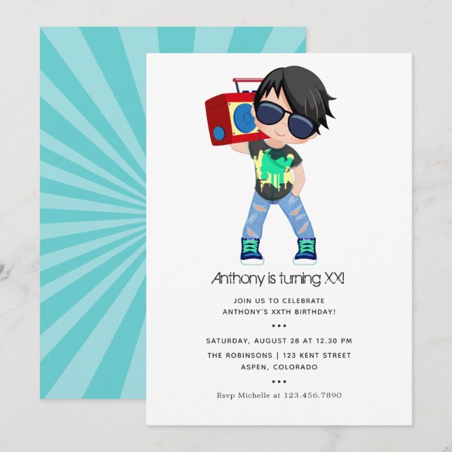 Invitation Hip hop thème Boy Birthday (Devant / Derrière)
