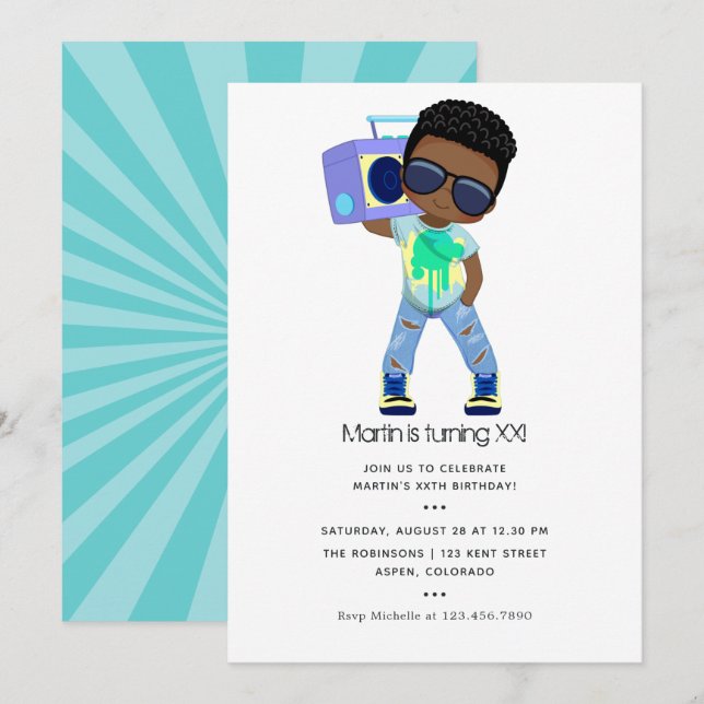 Invitation Hip hop thème Boy Birthday (Devant / Derrière)
