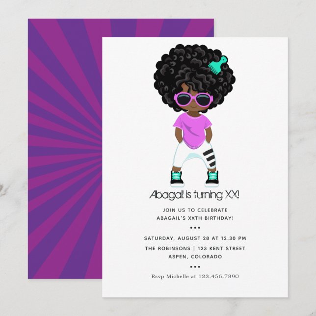 Invitation Hip hop thème Fille Anniversaire (Devant / Derrière)