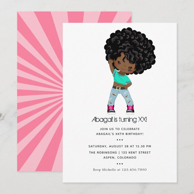 Invitation Hip hop thème Fille tresses Anniversaire Invitatio (Devant / Derrière)