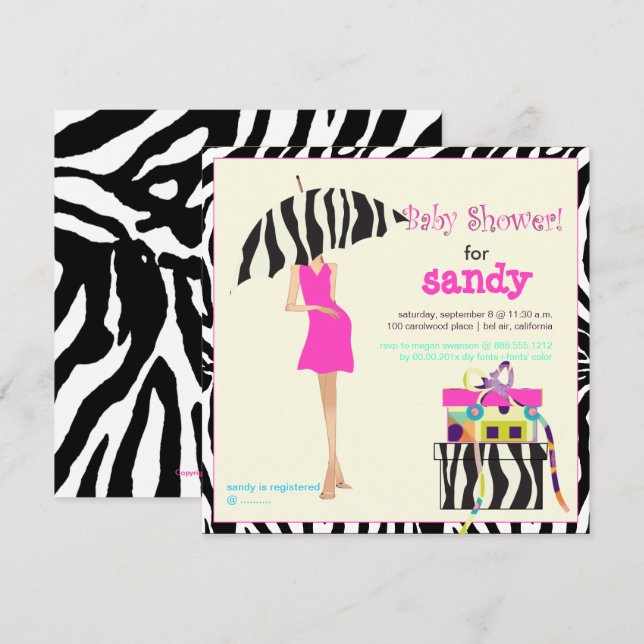 Invitation Hip mama, baby shower zèbre (Devant / Derrière)