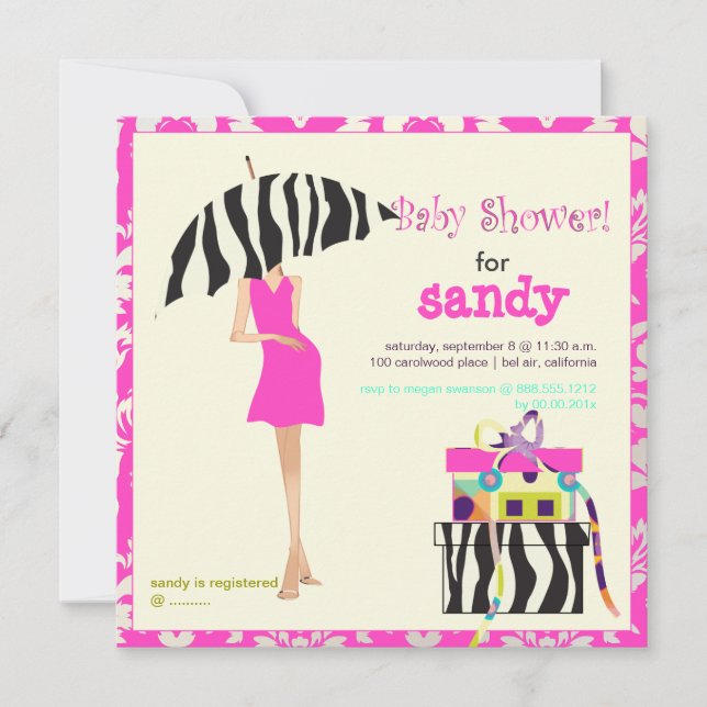 Invitation Hip mama, damas rose vif/baby shower zèbre (Devant)