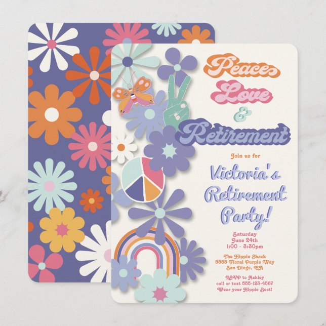 Invitation Hippie 1960's 1970's Peace Love & Retirement (Devant / Derrière)