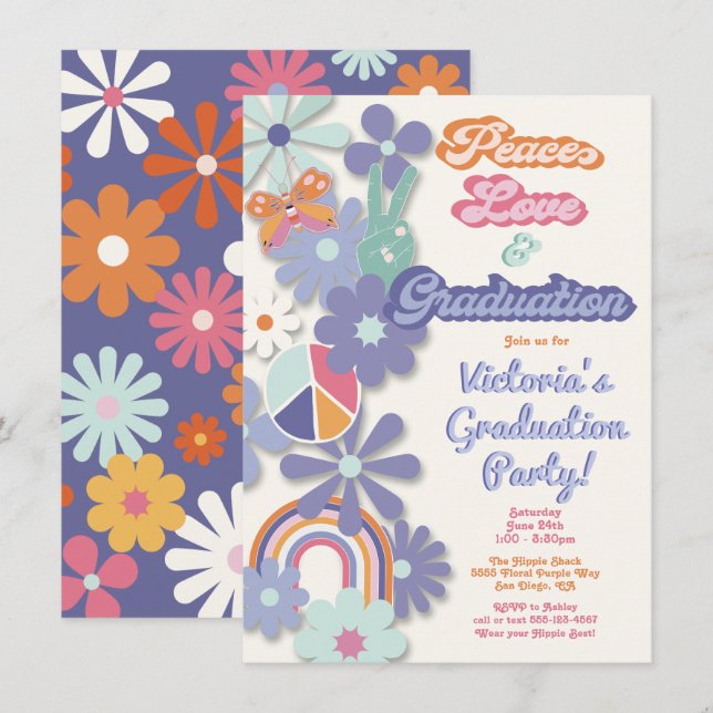 Invitation Hippie 1960's Peace Love & Graduation (Devant / Derrière)