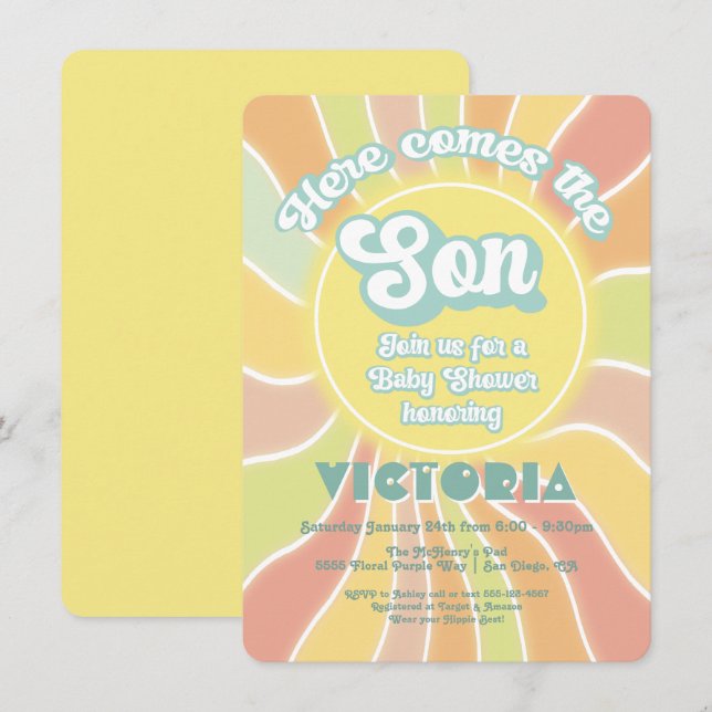 Invitation Hippie Boho Baby shower Sunshine Son (Devant / Derrière)