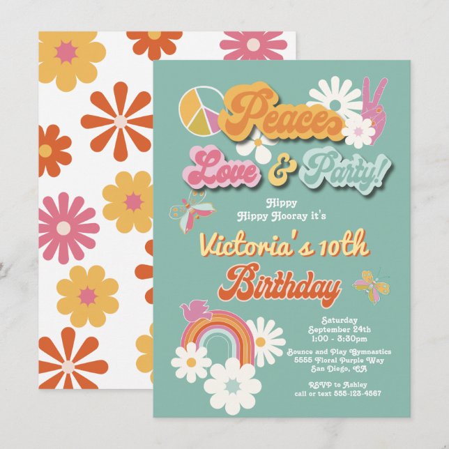 Invitation Hippie Flower Power les années 70 60s Anniversaire (Devant / Derrière)