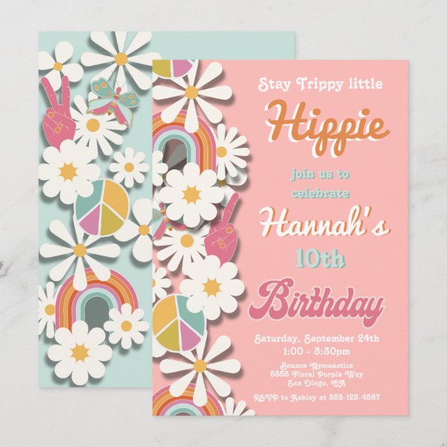 Invitation Hippie Flower Power les années 70 60s Anniversaire (Devant / Derrière)