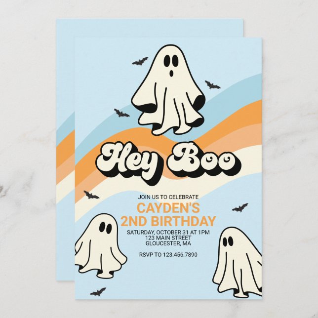 Invitation Hippie Halloween Retro Ghost Hey Boo bleu (Devant / Derrière)