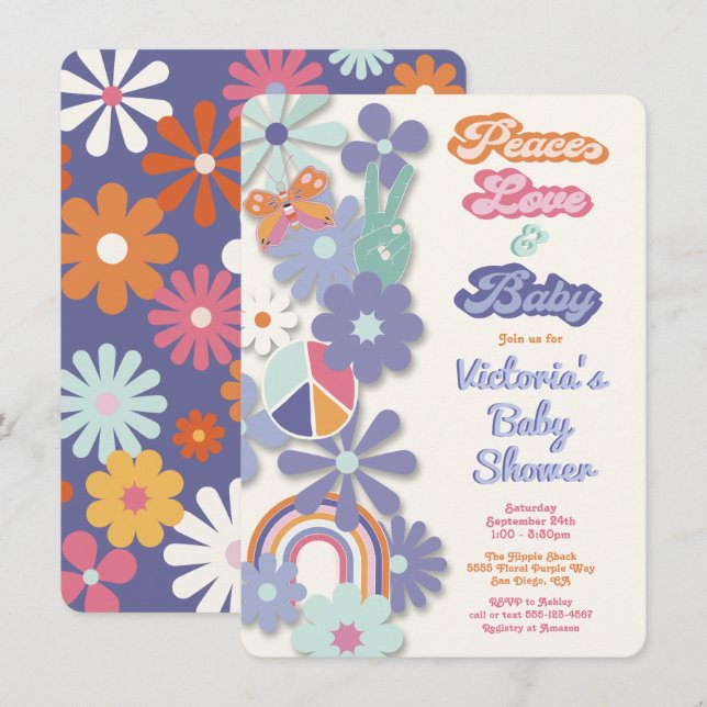 Invitation Hippie Peace Love & Baby les années 70 60s Baby sh (Devant / Derrière)