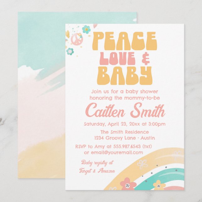 Invitation Hippie Retro Baby shower Super Pastels Peace Love (Devant / Derrière)