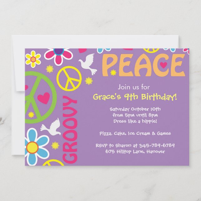 Invitation Hippie, signe de la paix, thème des années 60, inv (Devant)