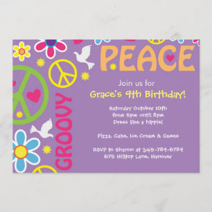 Invitation Hippie, signe de la paix, thème des années 60, inv