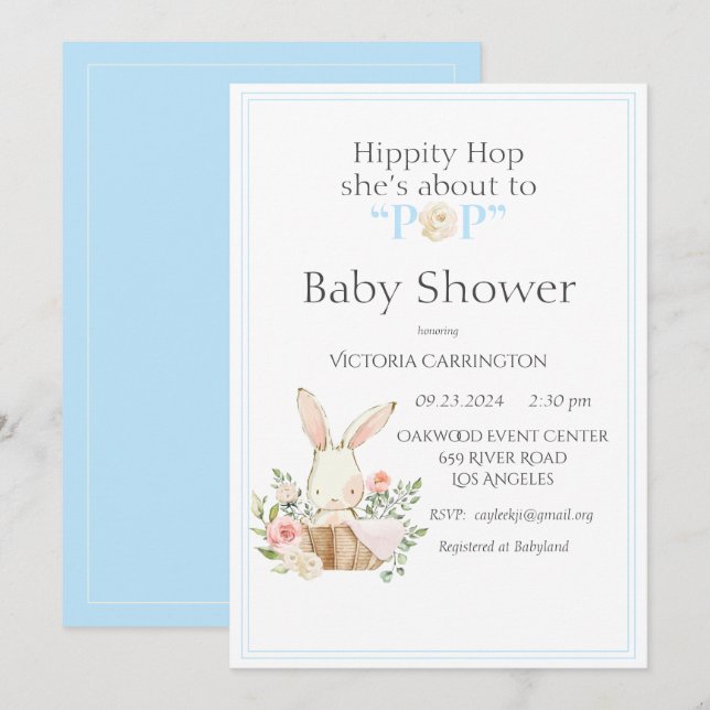 Invitation Hippity Hop Bunny Bleu Baby shower moderne (Devant / Derrière)