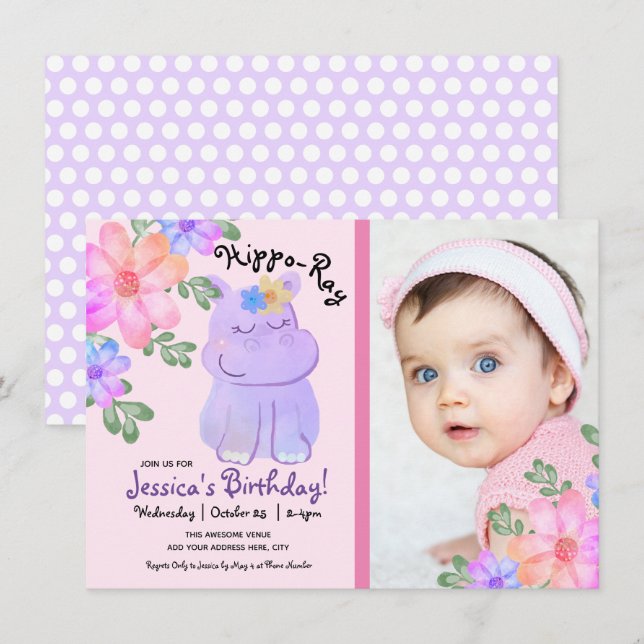 Invitation Hippo Aquarelle Anniversaire Fille Floral (Devant / Derrière)