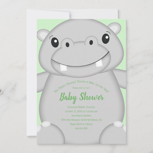 Invitation Hippo Baby shower vert (Devant)