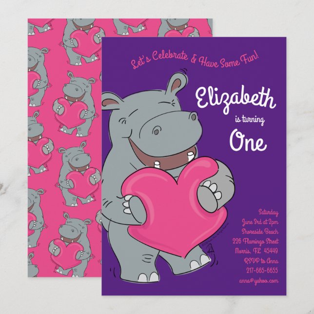 Invitation Hippo Hugs fête d'anniversaire (Devant / Derrière)